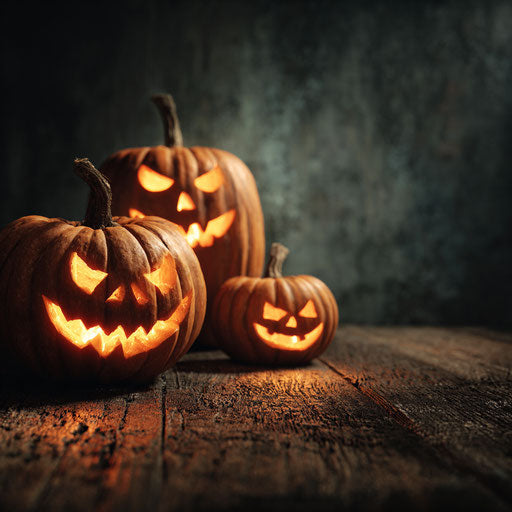 Three carved Halloween pumpkins on a dark wooden surface