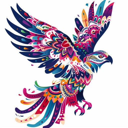 Eagle tattoo in folk art style, colorful patterns and shapes