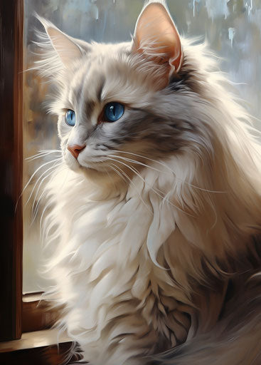 White and blue cat with blue eyes looking outside