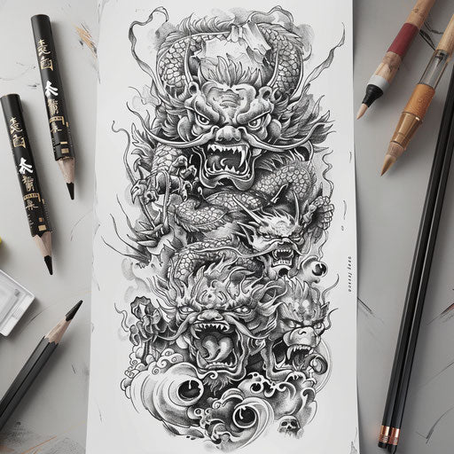 Exotic flat tattoo sketch of hell adorned with mythical Eastern creatures and fiery motifs