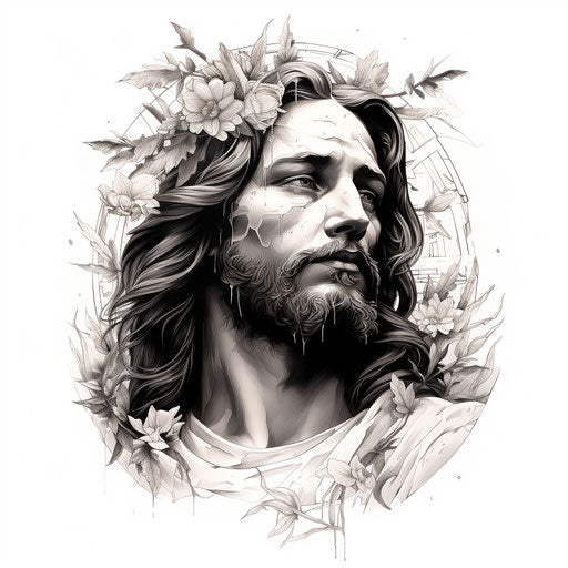 Black and white tattoo design with large head of Jesus, 8k 3d style