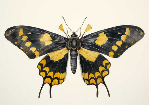 Black and yellow moth with wings on head