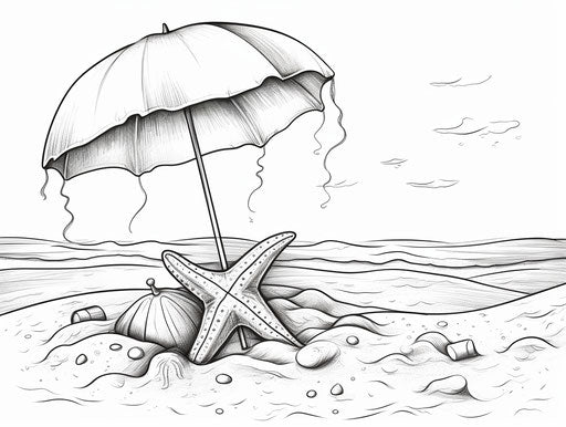 Umbrella, Toy, and Starfish Coloring Pages, Animated Gif Style, Ink Drawing 4:3