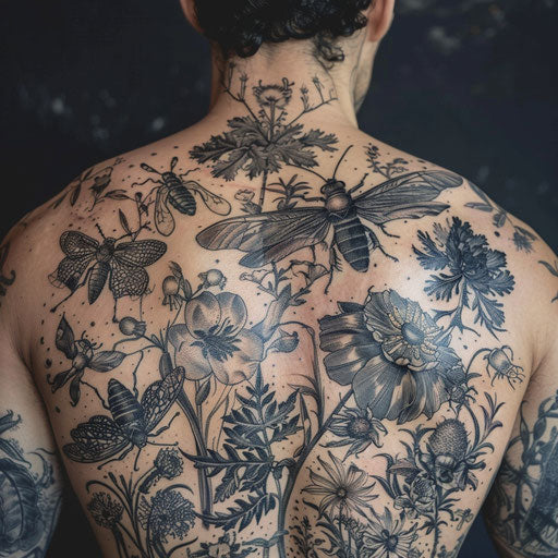 Detailed back tattoos for men with insects and exotic plants