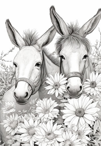 Donkeys with flowers, free coloring page