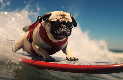 Pug dog surfing on a surfboard, in the style of grandparentcore