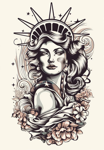 American woman dressed Liberty tattoo clownpunk style