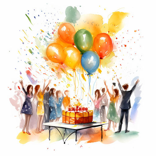 Birthday party clipart in the style of Impressionistic Art, on a white background