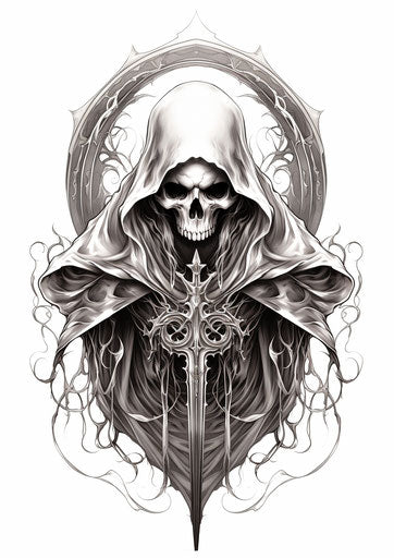 Grim reaper tattoo in dark bronze and silver