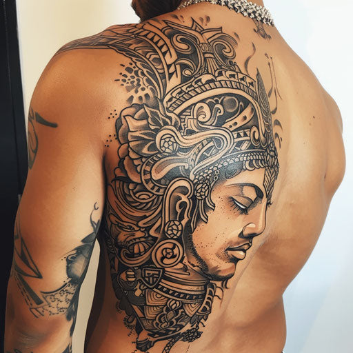 Divine tattoo with tribal elements, in the style of Ami James