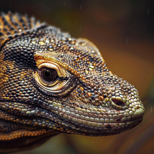 Komodo dragon with dewdrops on its scales, soft and gentle