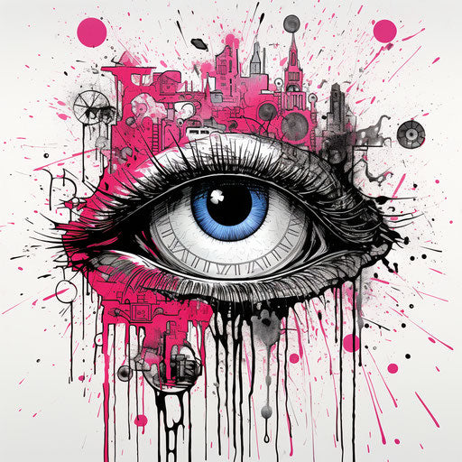 Eye on pink background with colorful splatters, black and white, concrete art
