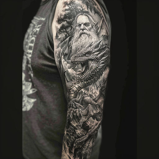Detailed fantasy-themed half sleeve tattoo with dragons and wizards