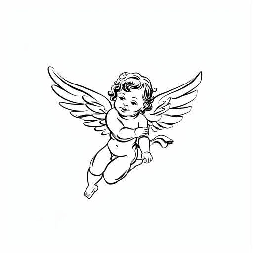 Minimalist cherub tattoo outline on clean white background