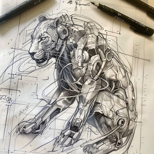 Biomechanical panther tattoo on white technical draft
