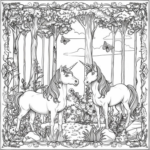 Enchanted forest with unicorns and magical plants