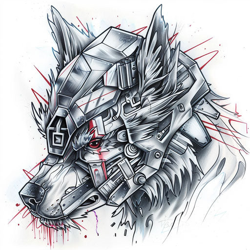Mechanical wolf tattoo design with steel fur and red laser eyes, illustrated on a white background.