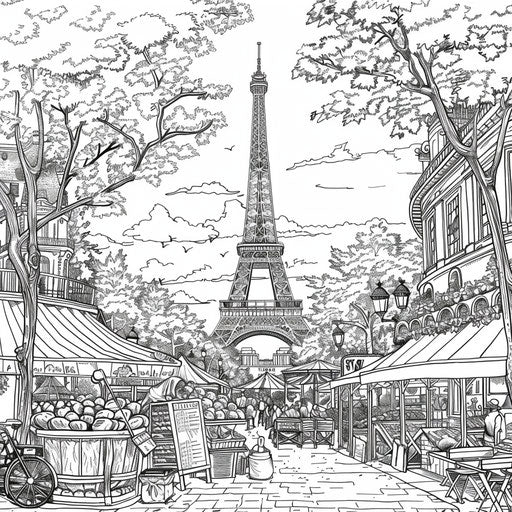 Eiffel Tower and bustling market in Paris, coloring page
