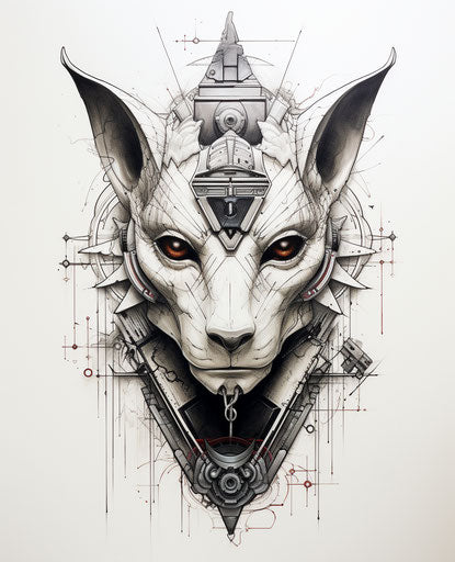 Egyptian pharaoh in triangle with steampunk creatures