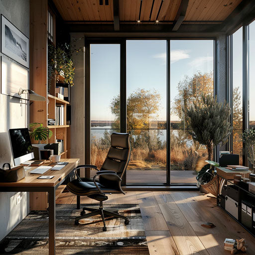 Home office with view and tidy desk setup