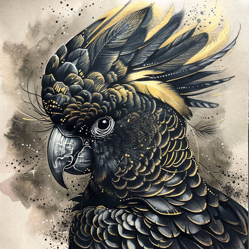 Gothic style tattoo sketch of a yellow-tailed black cockatoo with dark, moody backgrounds and silver highlights