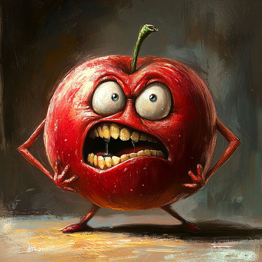Humorous caricature of a red apple with human characteristics