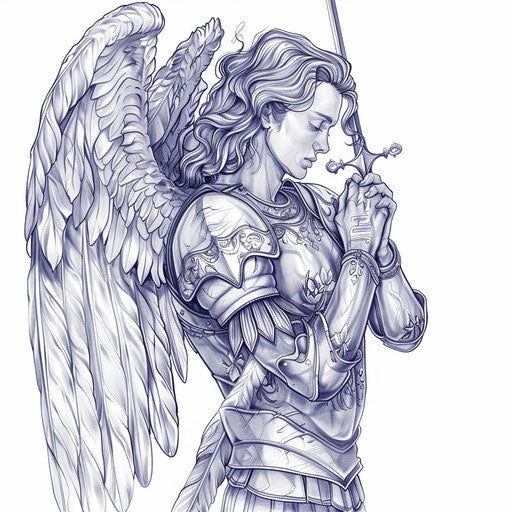Saint Michael in prayer, fine line tattoo style, serene grace