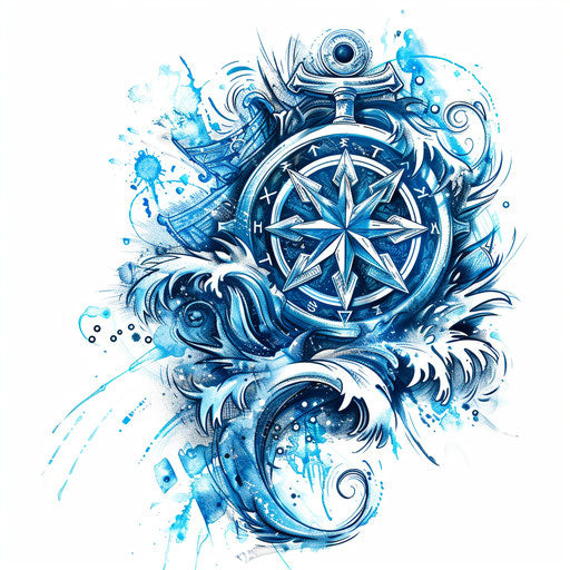 Nautical tattoo sketch of a Viking compass, clipart style with ocean blue colors and wave patterns