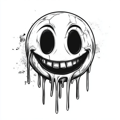 Flat tattoo sketch of melting smiley on white background