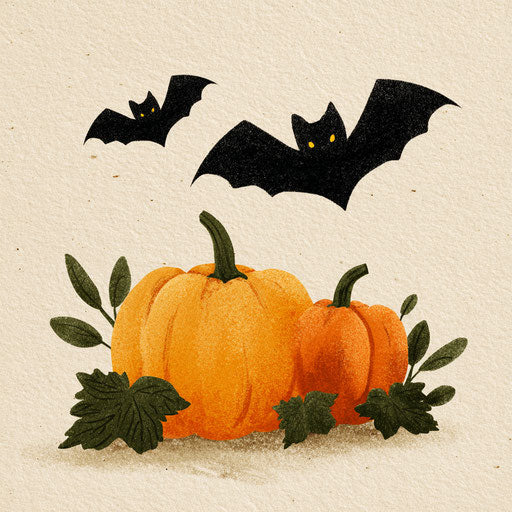 Bat Silhouettes with Pumpkins in an Autumn Scene