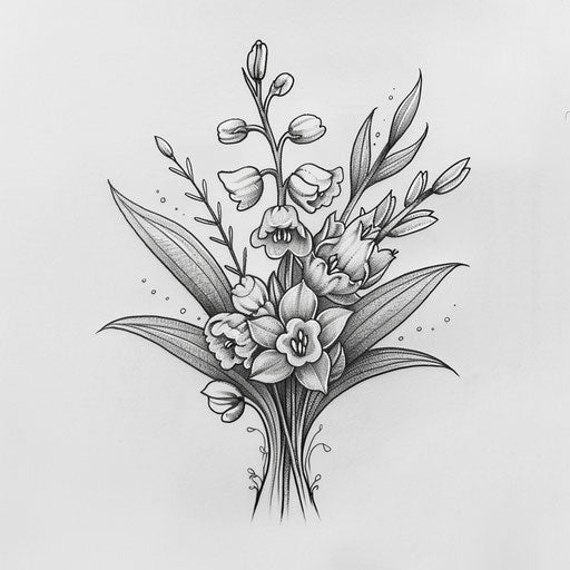Flat tattoo sketch of a birth flower bouquet with mythical lilies of the valley and forget-me-nots