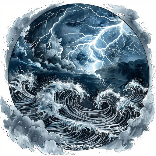 Dramatic sketch of stormy sea with lightning
