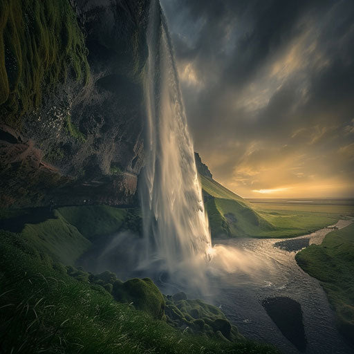 Waterfall in Iceland under cloudy skies