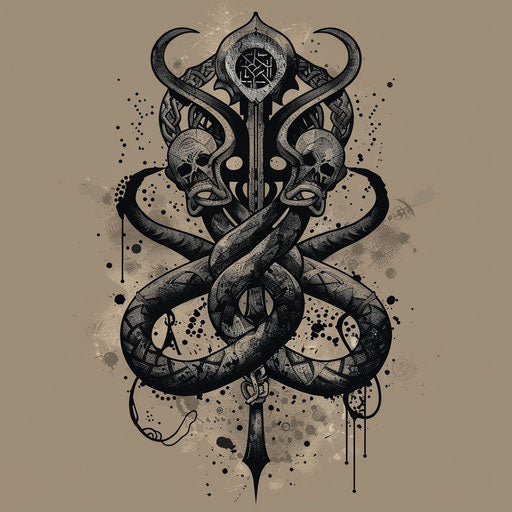 Historic flat tattoo sketch, dark mark with ancient runes and symbols in stone gray and black