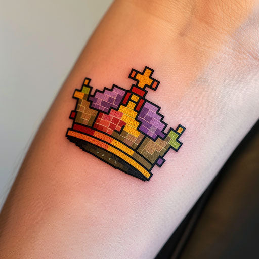 King crown tattoo in pixel art style on white background