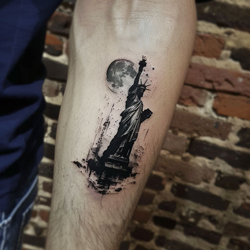 Silhouette of the Statue of Liberty in a moonlit sky