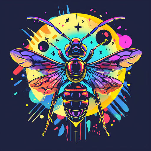 Vibrant tattoo sketch of a wasp in clipart style with neon colors