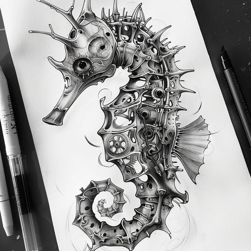 Biomechanical seahorse tattoo sketch