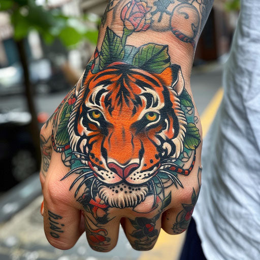 Small hand tattoos of a tiger, in the style of Ed Hardy