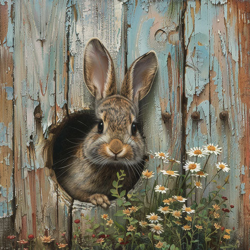 Curious rabbit peeking through wooden fence into the world