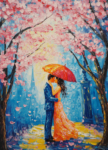 Eiffel Tower with a couple kissing under an umbrella and cherry blossom trees, oil painting for home decor