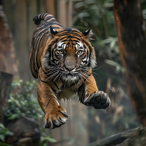 Sumatran tiger leaping through the air to catch prey