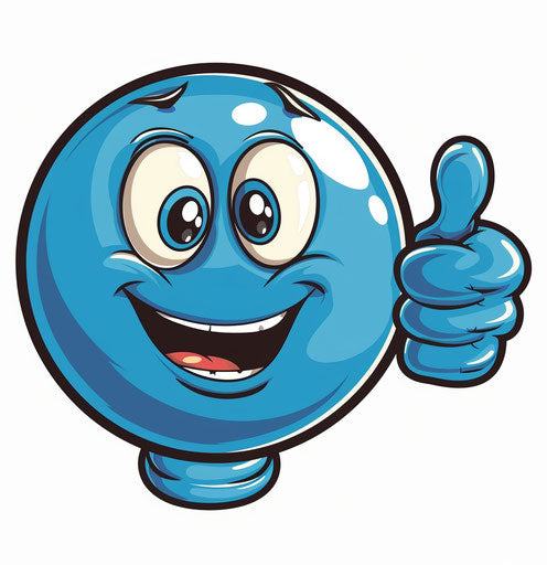Smiling blue ball with thumbs up on white background