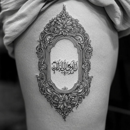 Arabic tattoo framed surrounding thigh calligraphy
