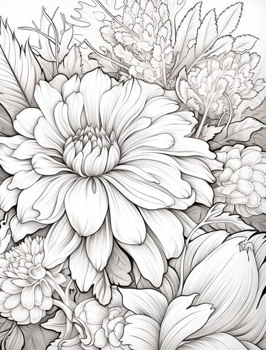 Flower and leaves coloring pages, layered composition style