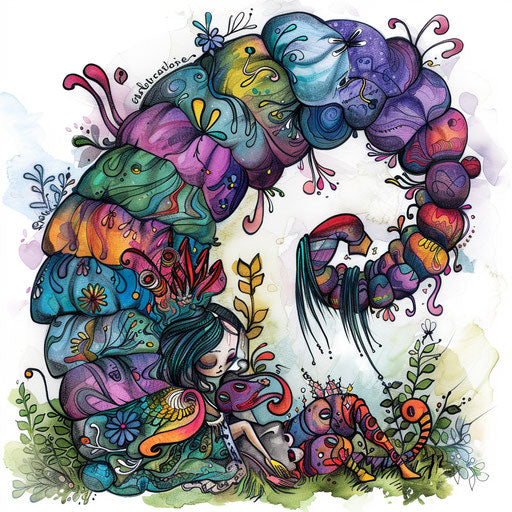 Concept art for a tattoo of Alice and the Caterpillar