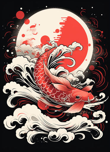 Fish with sun and moon, classic tattoo style, white and red, Japanese-inspired