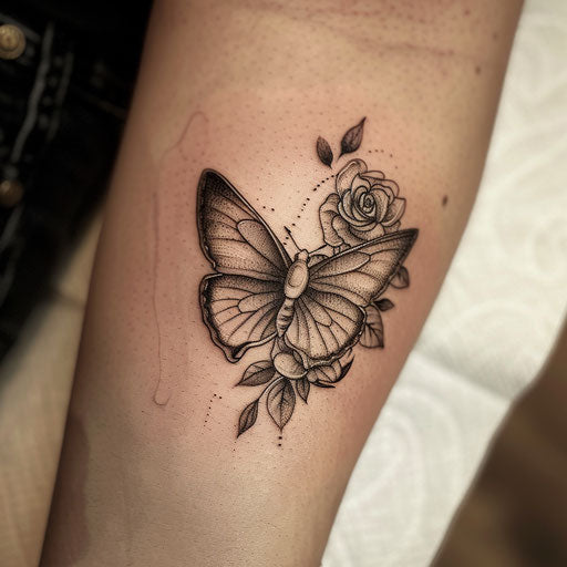 Elegant black and grey butterfly with roses tattoo, minimalistic style on white canvas