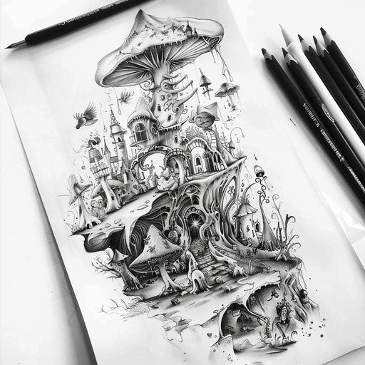 Whimsical Wonderland landscape tattoo concept sketch