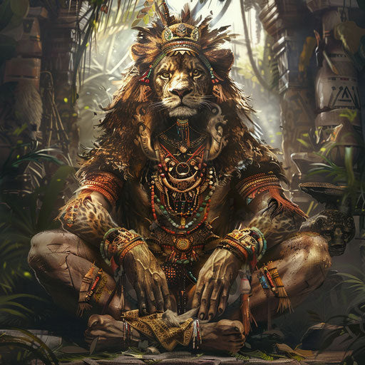 The lion shaman with mystical powers in a tribal setting